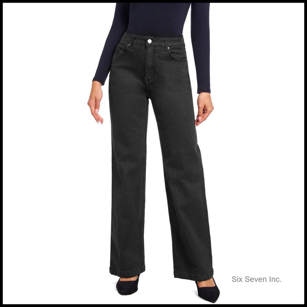 Straight Leg High Waisted Stretch Jeans Pull On Casual Chic Classic Fit